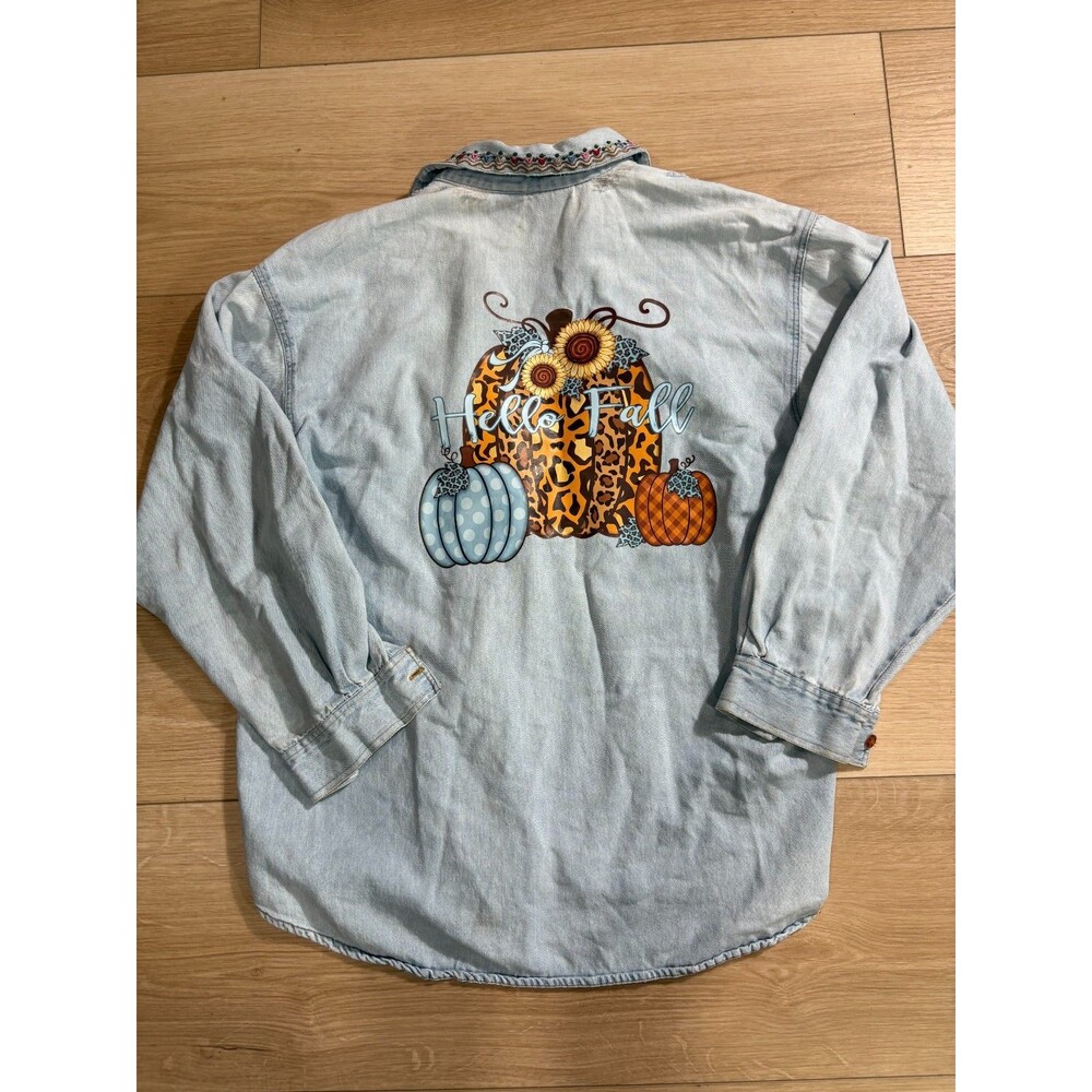 CUSTOMCapacity Denim Button Down Hello Fall Pumpkin Graphic Embroidered Collar M